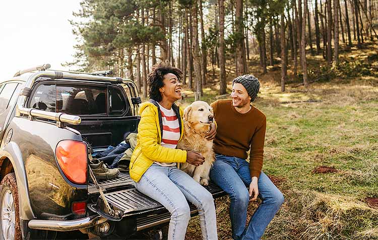 couple sitting in the back of truck with dog